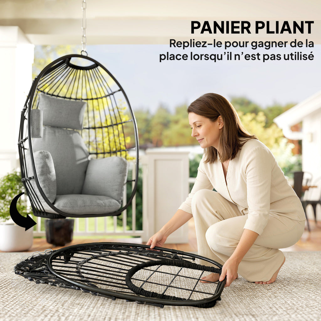 Fauteuil suspendu, fauteuil œuf suspendu, panier pliable, coussins rembourrés, porte-gobelet, oreiller, gris foncé