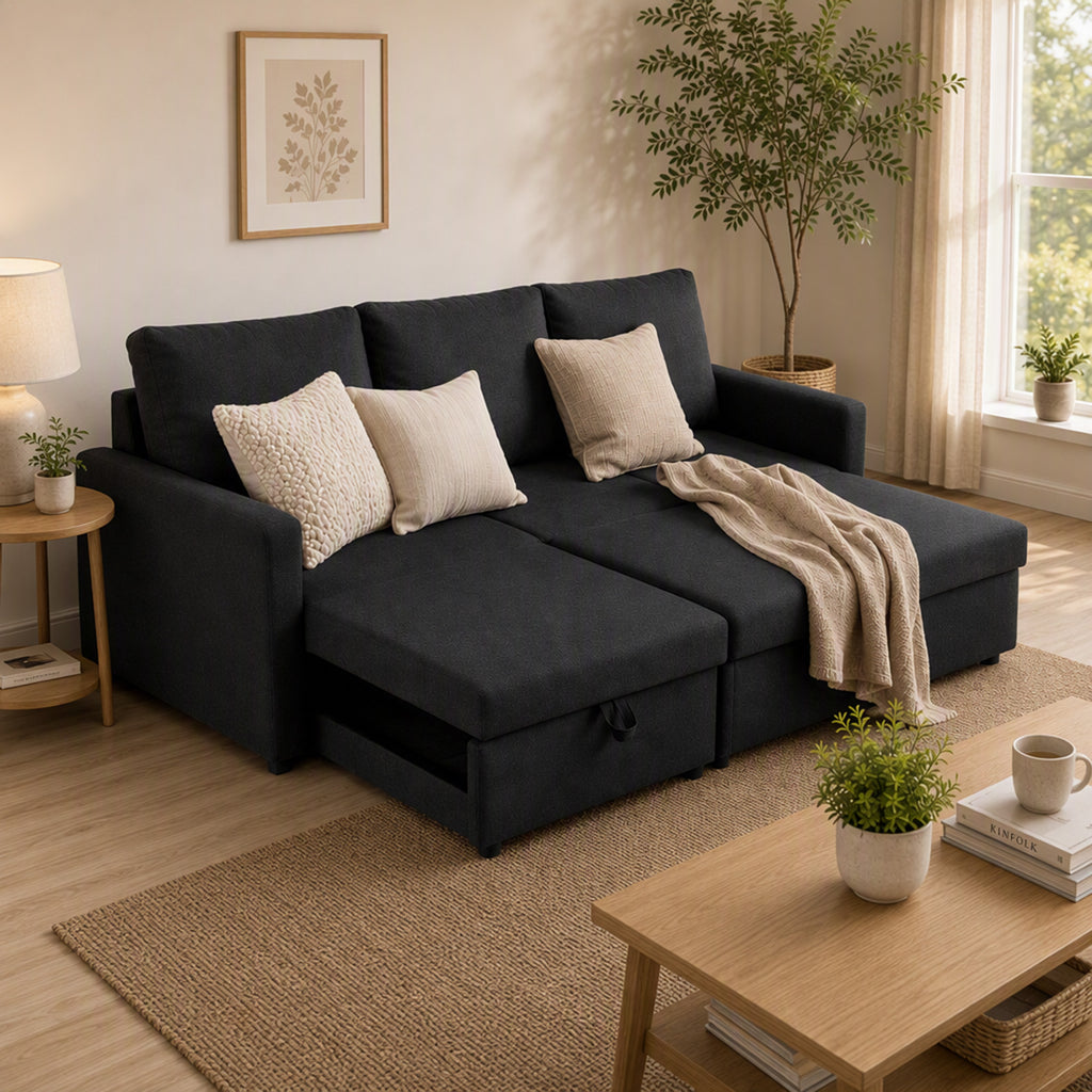 Canapé d'Angle Convertible, Canapé-Lit 3 Places 192 cm avec Méridienne Réversible, Rangement Caché, Gris Anthracite