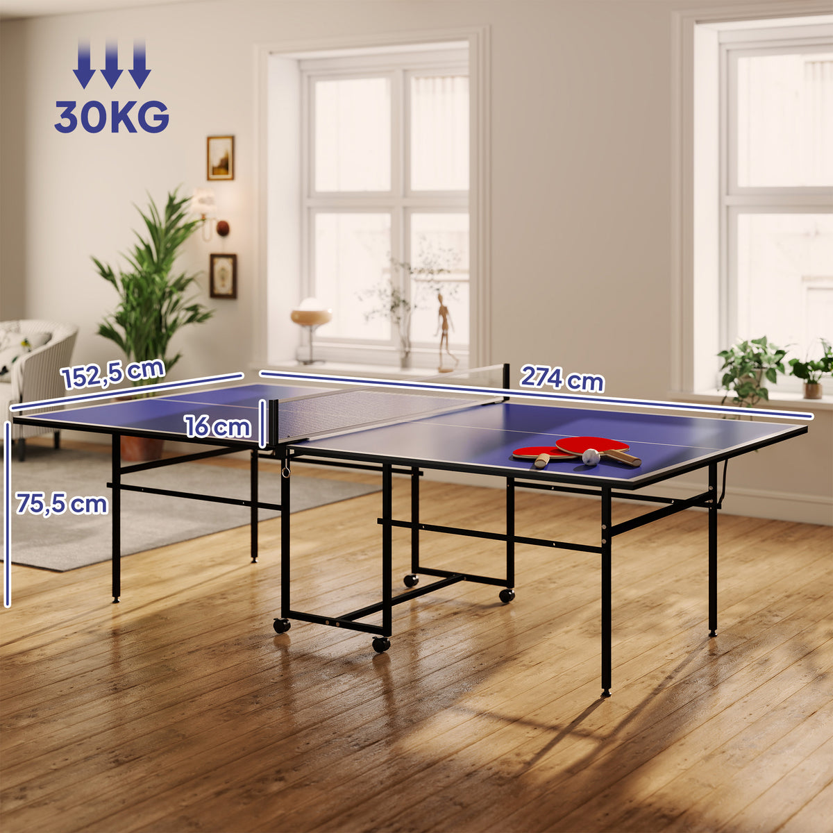 Table de tennis de table ping-pong pliable compacte 4 roulettes pour intérieur 274L x 152,5l x 75,5H cm