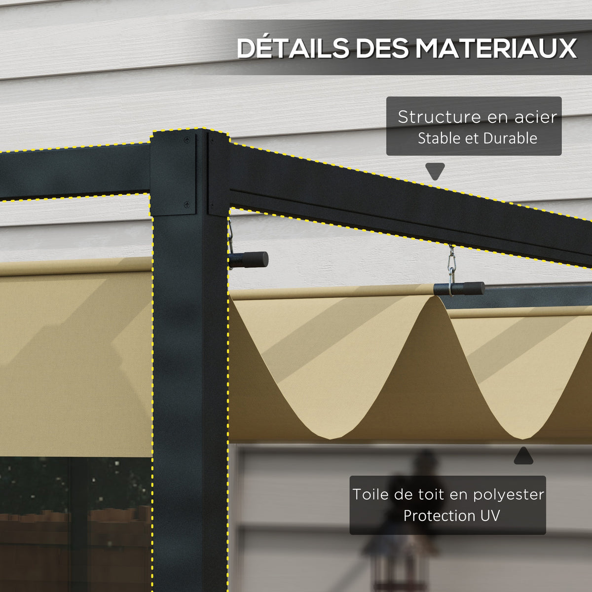 Pergola coulissante Pergola rétractable 3 x 2 m structure métal époxy anticorrosion toile polyester 180 g/m² kaki