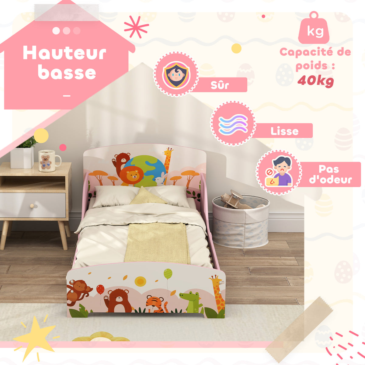Lit Enfant 70x140 cm motif animal 140 x 70 cm avec sommier à lattes en bois design bas sécurisé rose