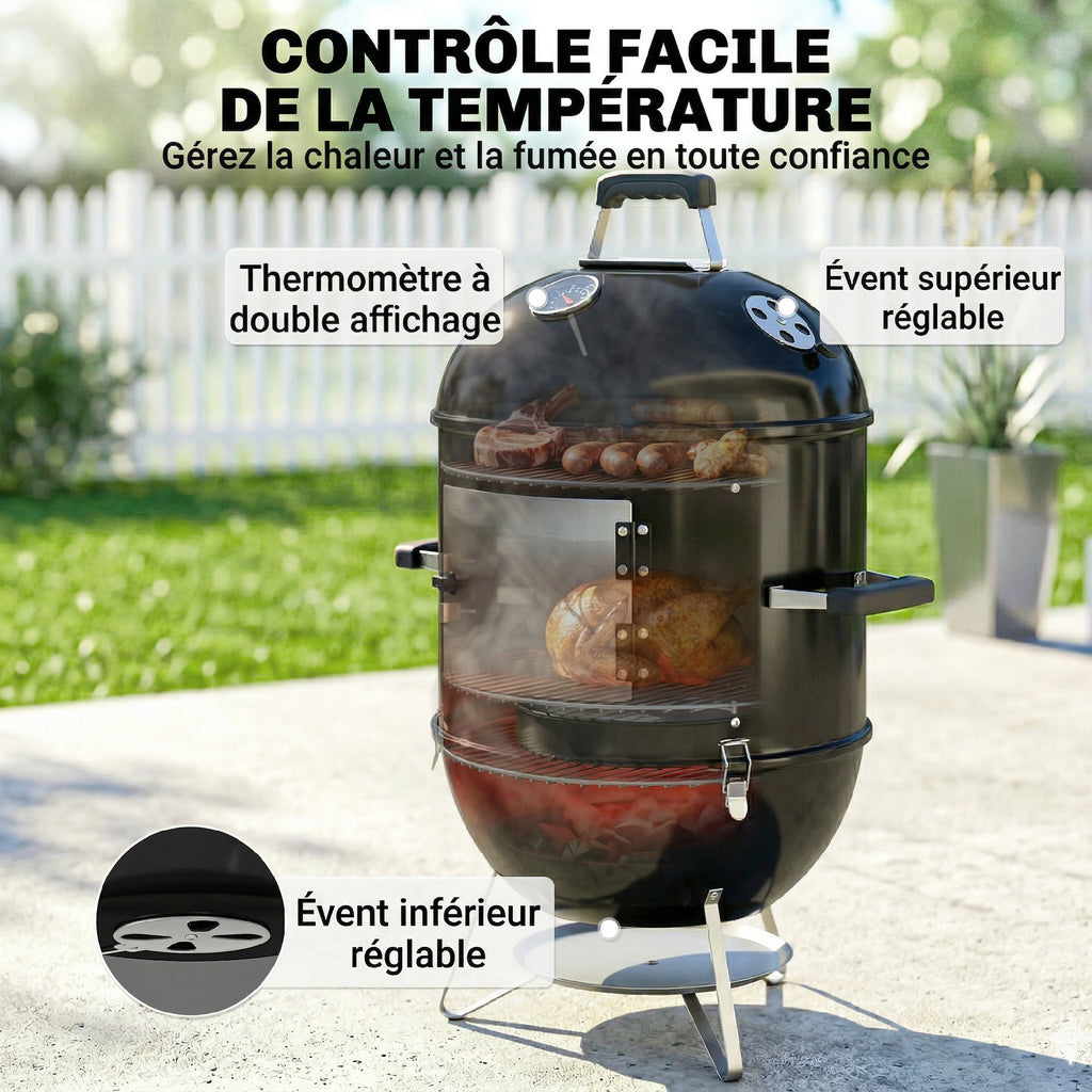 Fumoir 3 en 1 avec 3 Grilles de Cuisson, Thermomètre Intégré, Ventilation Réglable, 62,5x47,5x91cm, Noir