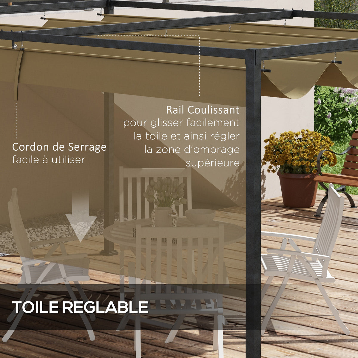 Pergola coulissante Pergola rétractable 3 x 2 m structure métal époxy anticorrosion toile polyester 180 g/m² kaki