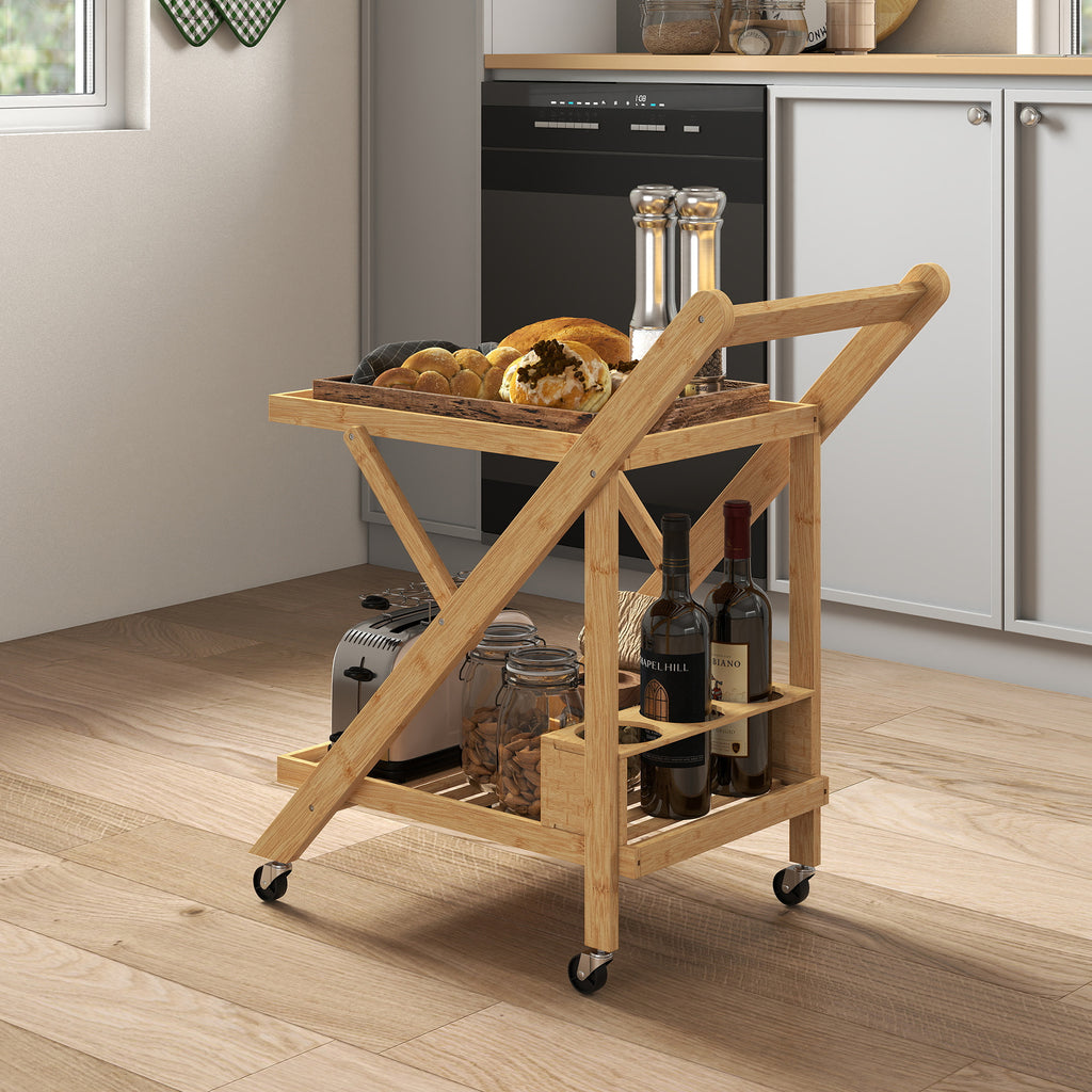 Desserte de cuisine en bambou chariot de service pliable 2 plateaux 4 roues 3 casiers à vin 66 x 40 x 70 cm bois naturel