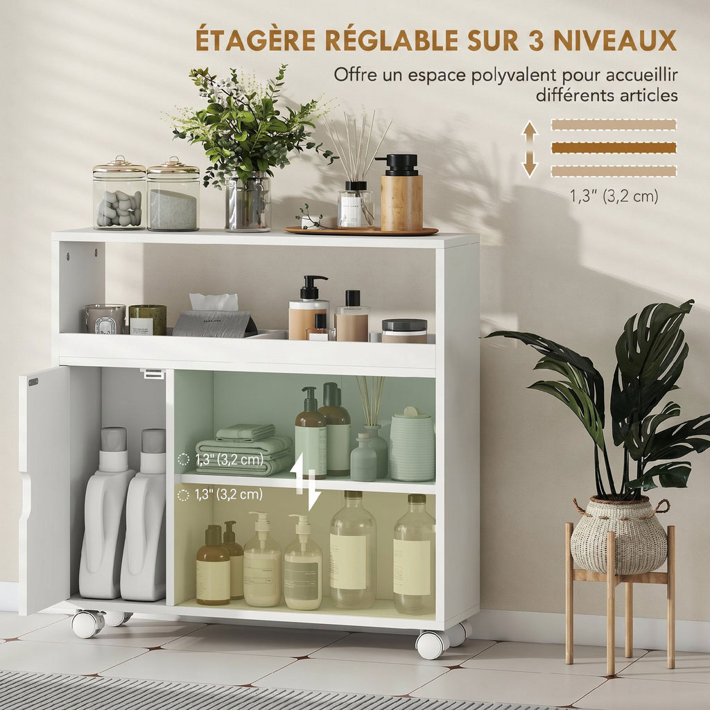 Meuble de Salle de Bain sur Roulettes, Portes en Verre Trempé, Compartiment Ouvert, Étagère Réglable, 71x20x70cm, Blanc