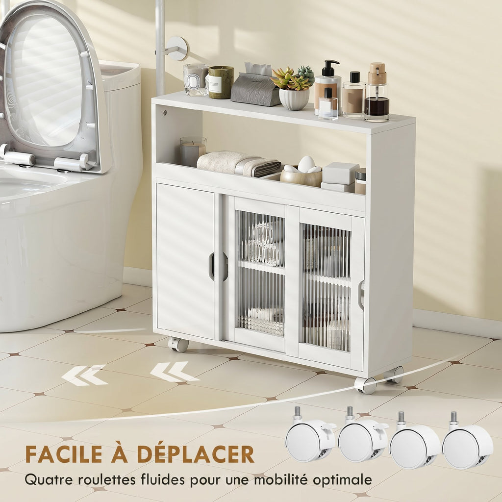 Meuble de Salle de Bain sur Roulettes, Portes en Verre Trempé, Compartiment Ouvert, Étagère Réglable, 71x20x70cm, Blanc