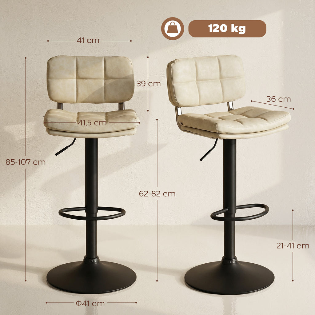 Lot de 2 tabourets de bar Vintage capitonné - pivotant, réglable - repose-pied - revêtement synthétique crème