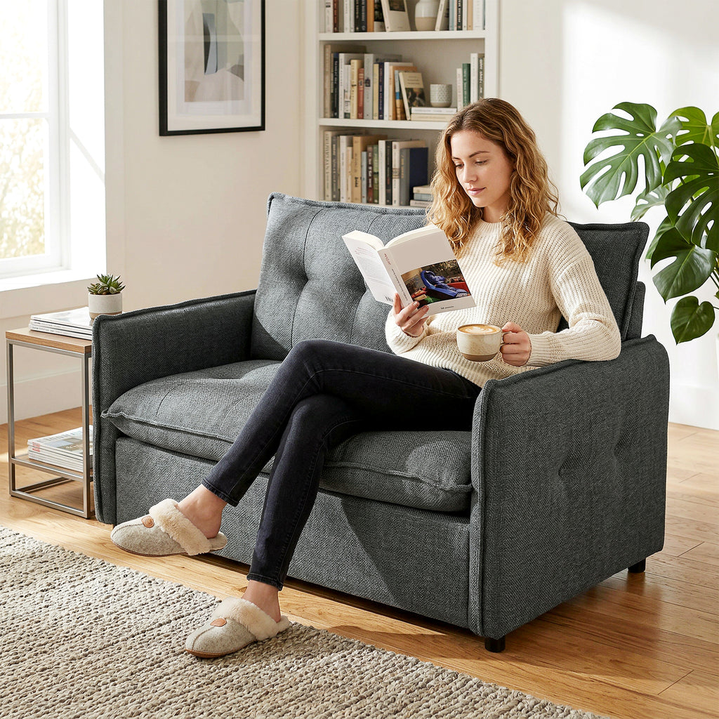 Canapé 2 places, canapé de salon moderne 131 cm avec assise rembourrée, coussins à ressorts, tissu en lin, gris foncé