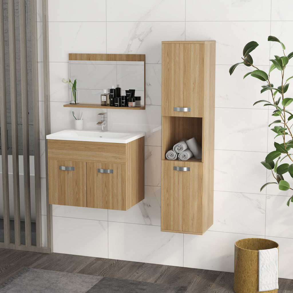 Ensemble de Meubles de Salle de Bain 4 Pièces, Mural, avec Miroir, Meuble sous Vasque, Lavabo et Armoire Haute, Naturel