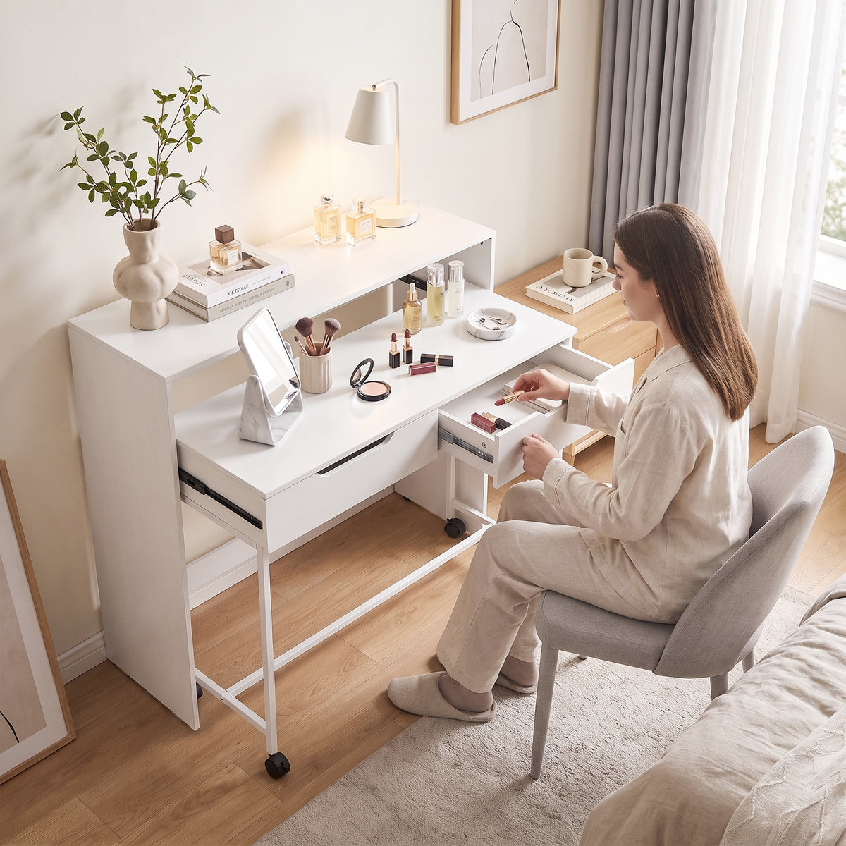Bureau d'Ordinateur Extensible 100 cm avec 2 Tiroirs, Bureau avec Rangement, Style Moderne, Blanc