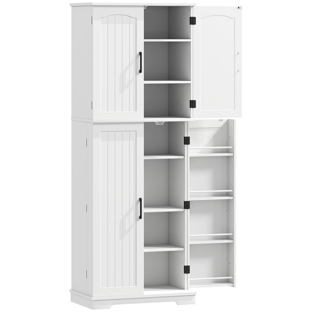Buffet haut cuisine, armoire de cuisine, 4 portes, 10 niches, 8 porte-épices et étagères réglables, 60x35x162cm, blanc