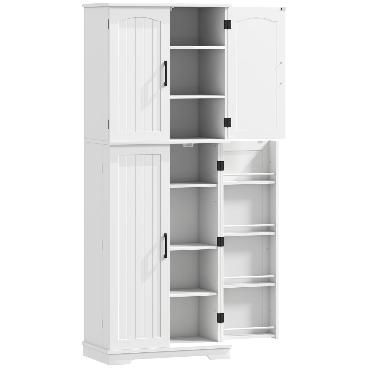Buffet haut cuisine, armoire de cuisine, 4 portes, 10 niches, 8 porte-épices et étagères réglables, 60x35x162cm, blanc