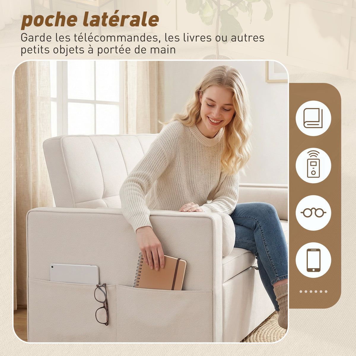 Canapé convertible 2 places 3 en 1 canapé-lit avec lit gigogne double dossier réglable 2 coussins 80,5x137,5x84cm beige