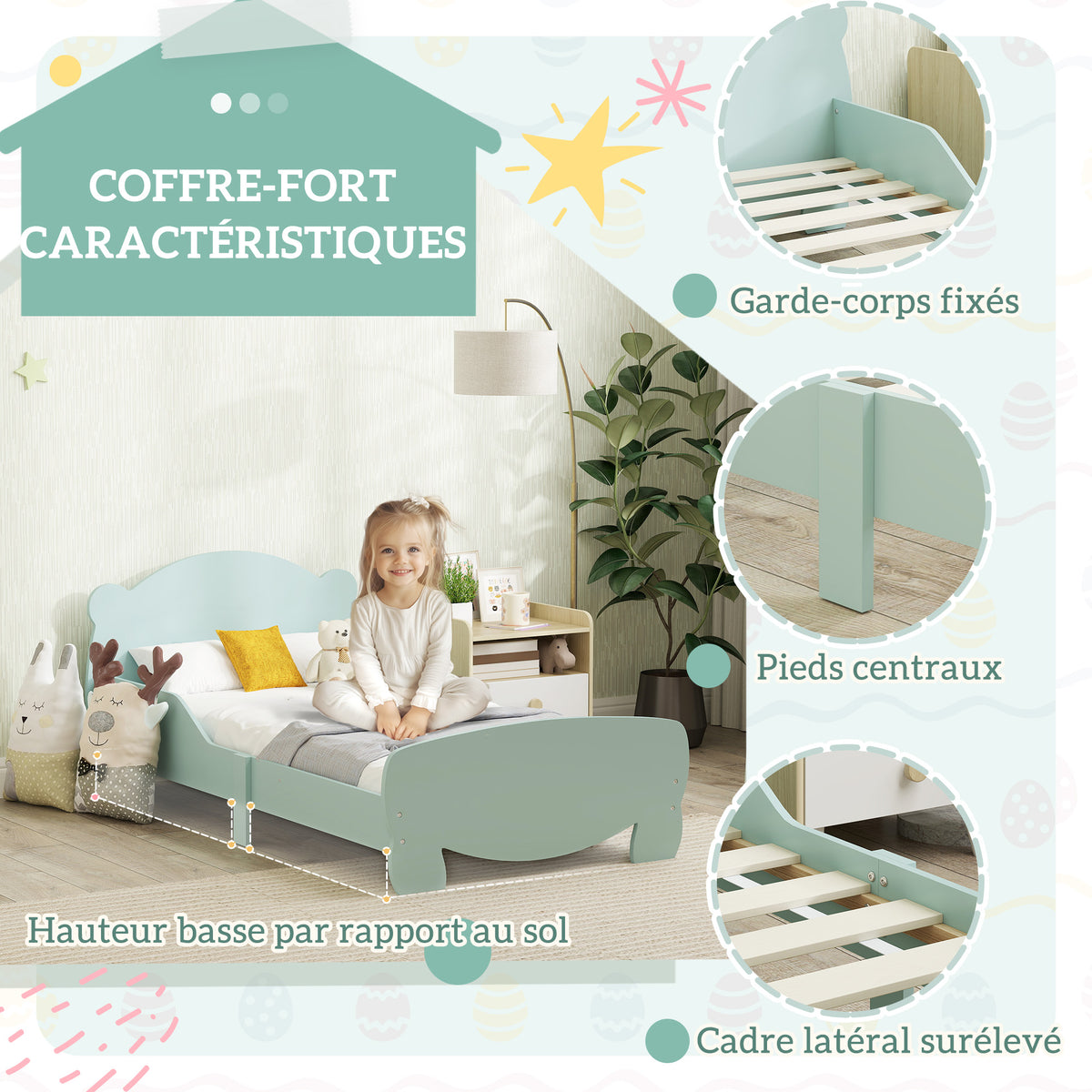 Lit enfant 70x140 cm avec barrières de sécurité thème d'ours pour garçons, filles, âgés de 3 à 6 ans, vert