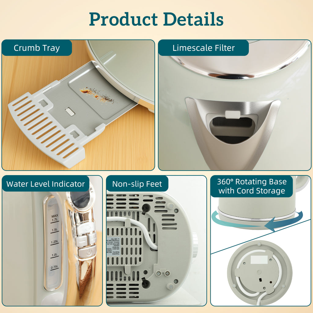 Ensemble bouilloire et grille-pain, bouilloire en acier inoxydable 1,7 L et 2200 W et grille-pain à 2 tranches, gris