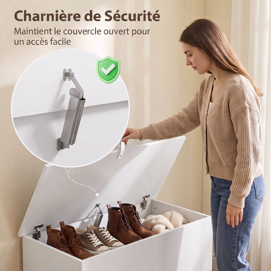 Coffre de Rangement, Banc de Rangement avec Couvercle Rabattable et Charnières de Sécurité, 80 x 40 x 45 cm, Blanc