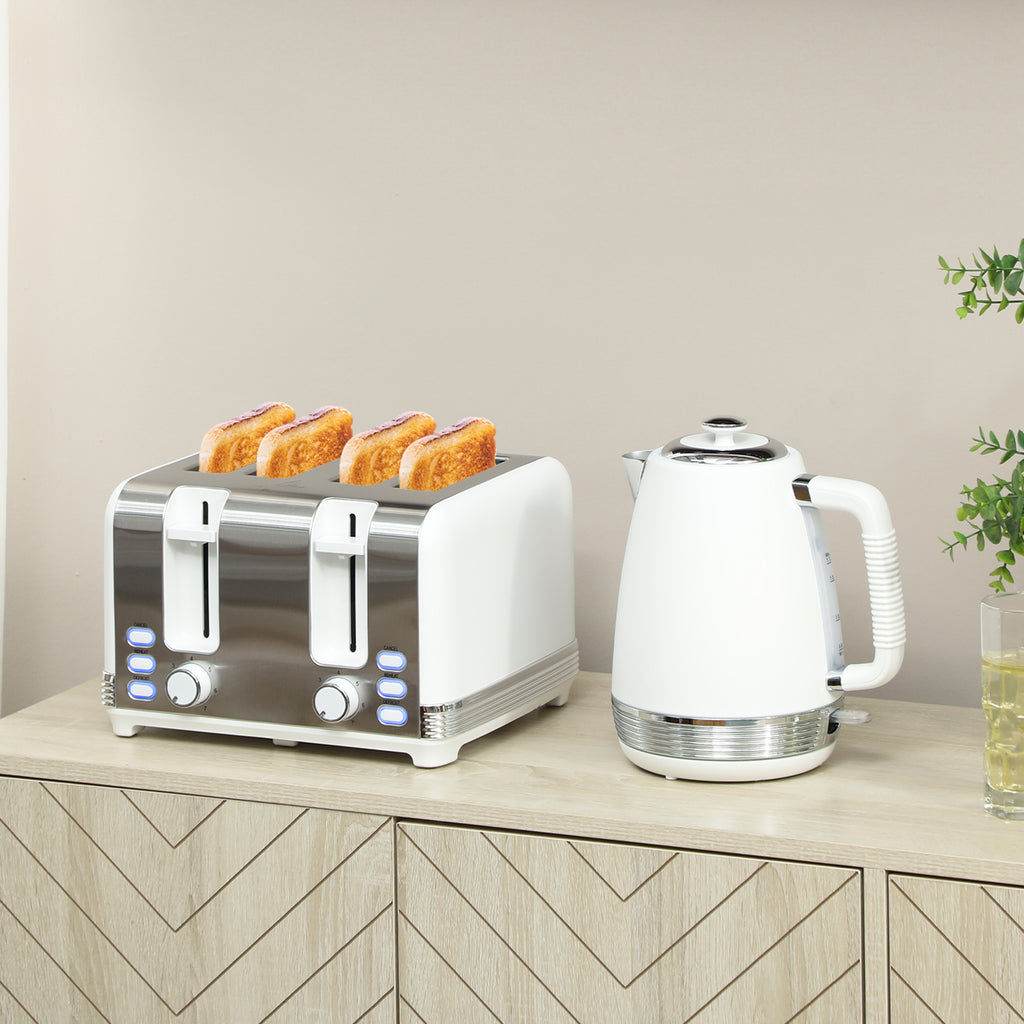 Ensemble bouilloire et grille-pain, bouilloire en acier inoxydable 1,7 L et 2200 W et grille-pain à 4 tranches, blanc