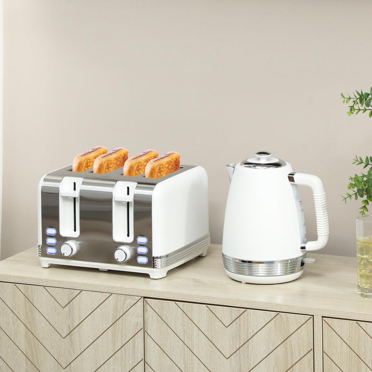 Ensemble bouilloire et grille-pain, bouilloire en acier inoxydable 1,7 L et 2200 W et grille-pain à 4 tranches, blanc