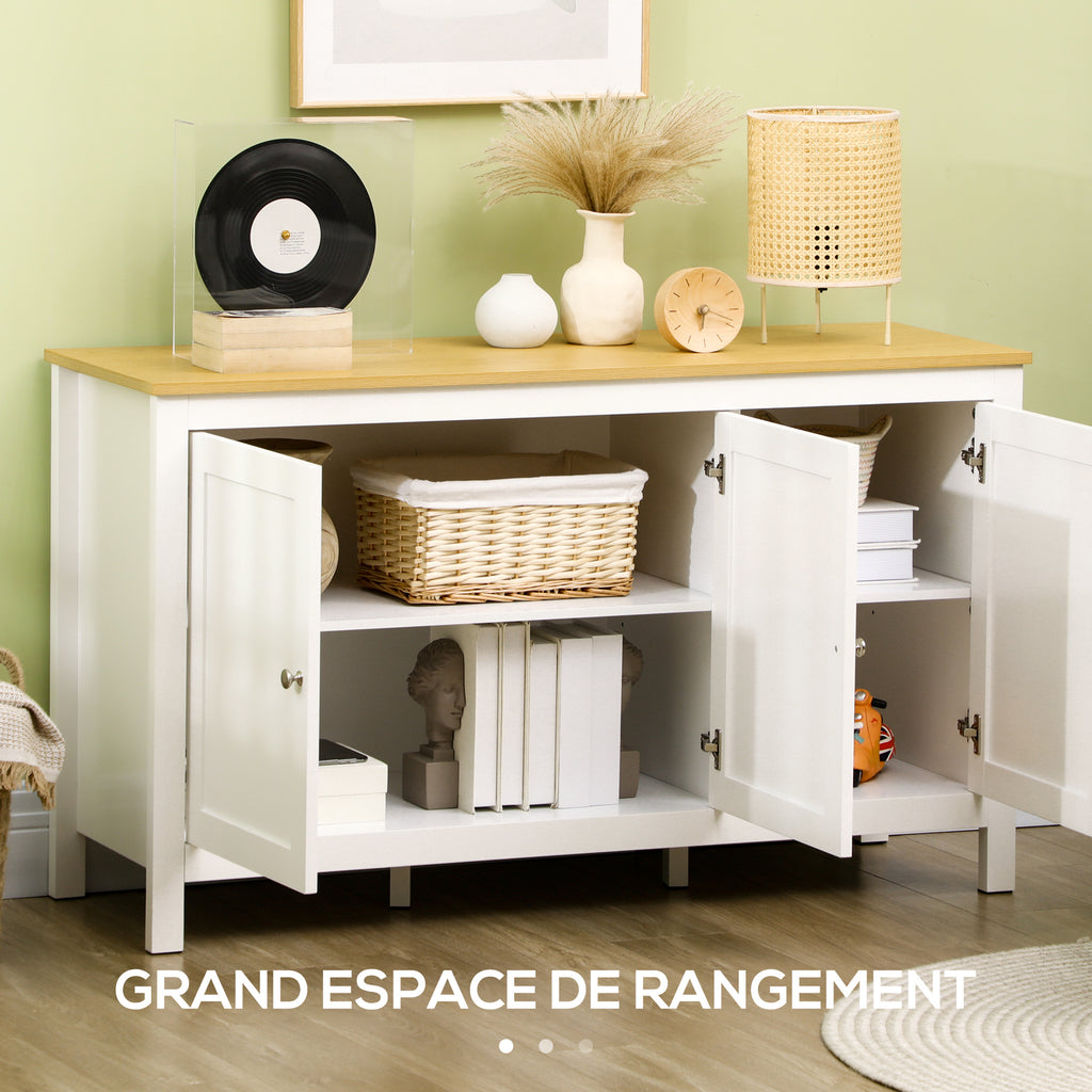 Buffet meuble de rangement avec 3 portes 2 étagères réglables plateau aspect bois clair 120 x 40 x 70 cm blanc