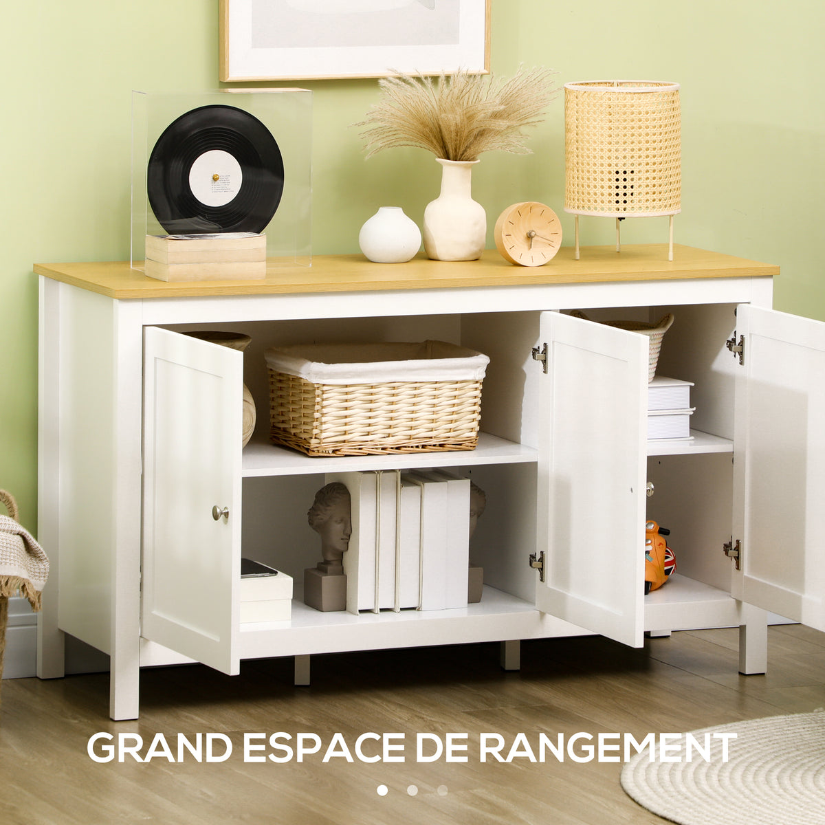 Buffet meuble de rangement avec 3 portes 2 étagères réglables plateau aspect bois clair 120 x 40 x 70 cm blanc