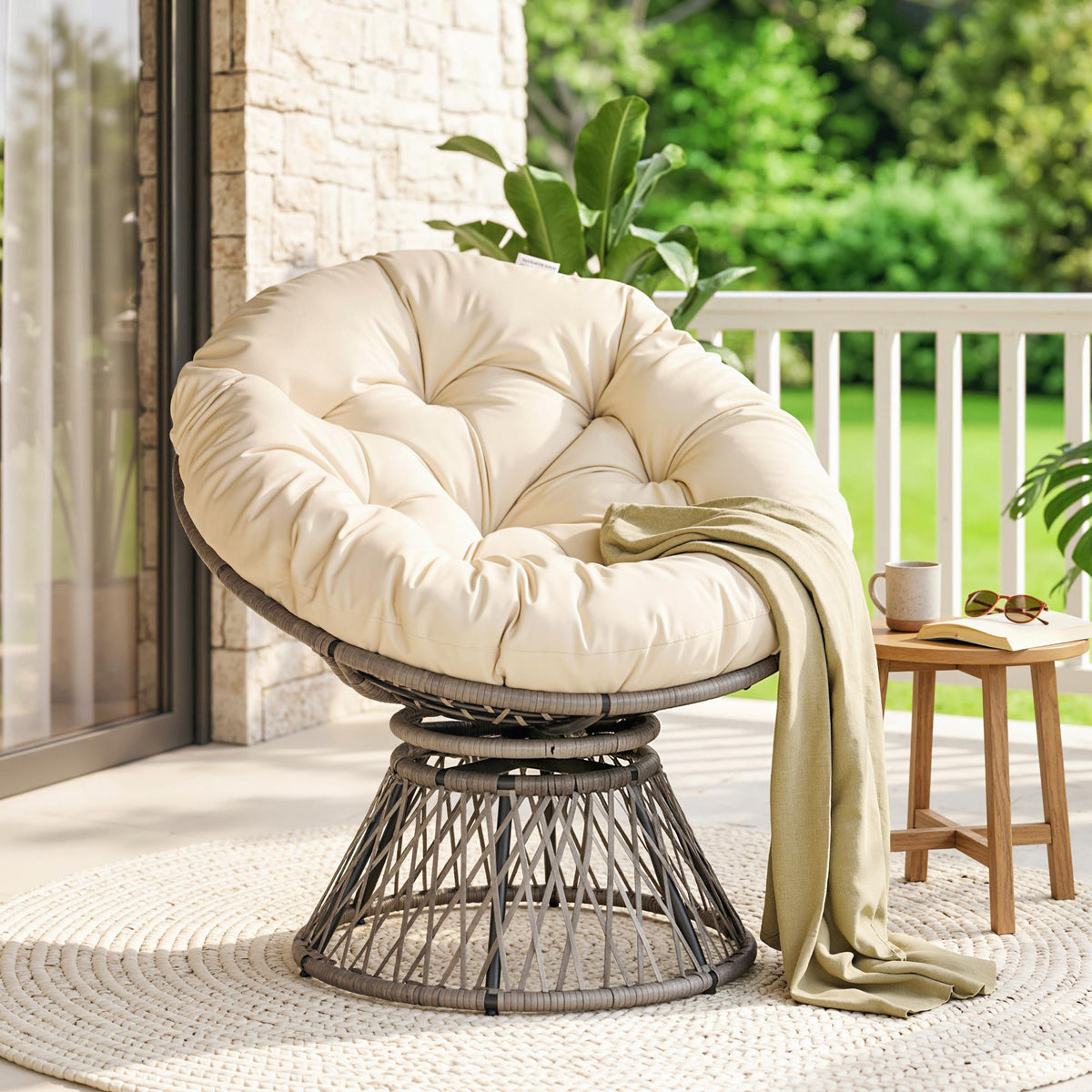 Fauteuil rond de jardin fauteuil papasan pivotant Ø 97 x 90H cm grand coussin fourni polyester résine tressée