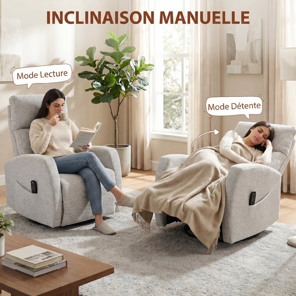 Fauteuil inclinable de massage et chauffage, fauteuil de relaxation en chenille, dossier réglable, pivotant 360°, crème