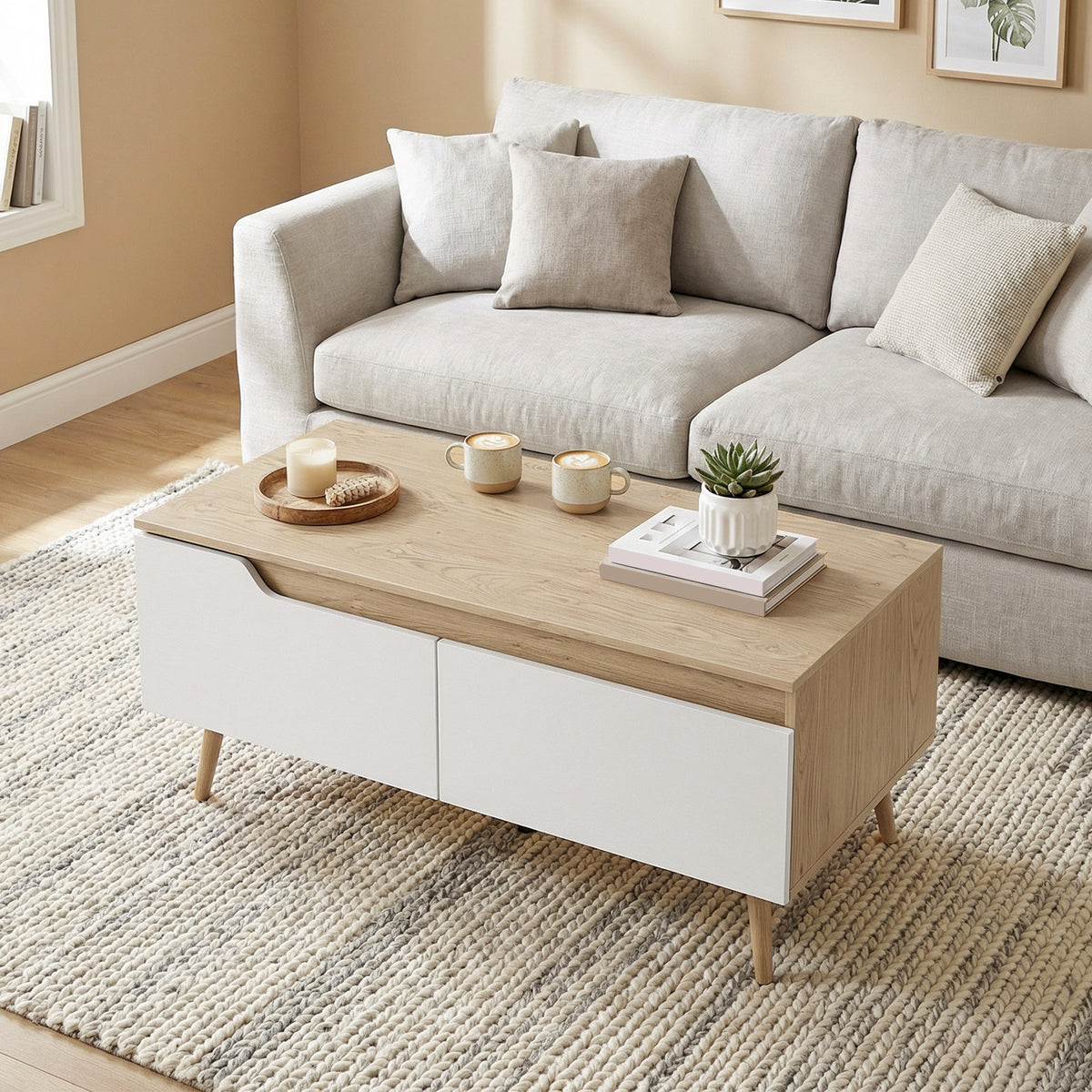 Table basse rectangulaire, table de salon moderne avec 2 tiroirs, 5 pieds en bois de pin, 100x50x46cm, chêne et blanc