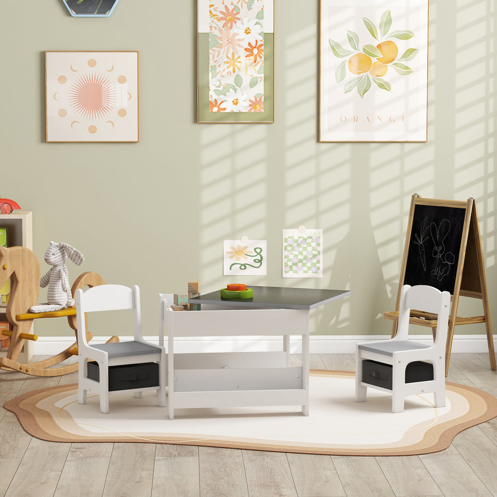 Ensemble 3 pièces table et 2 chaises pour enfant avec plateau réversible tableau noir, panier de rangement, étagères