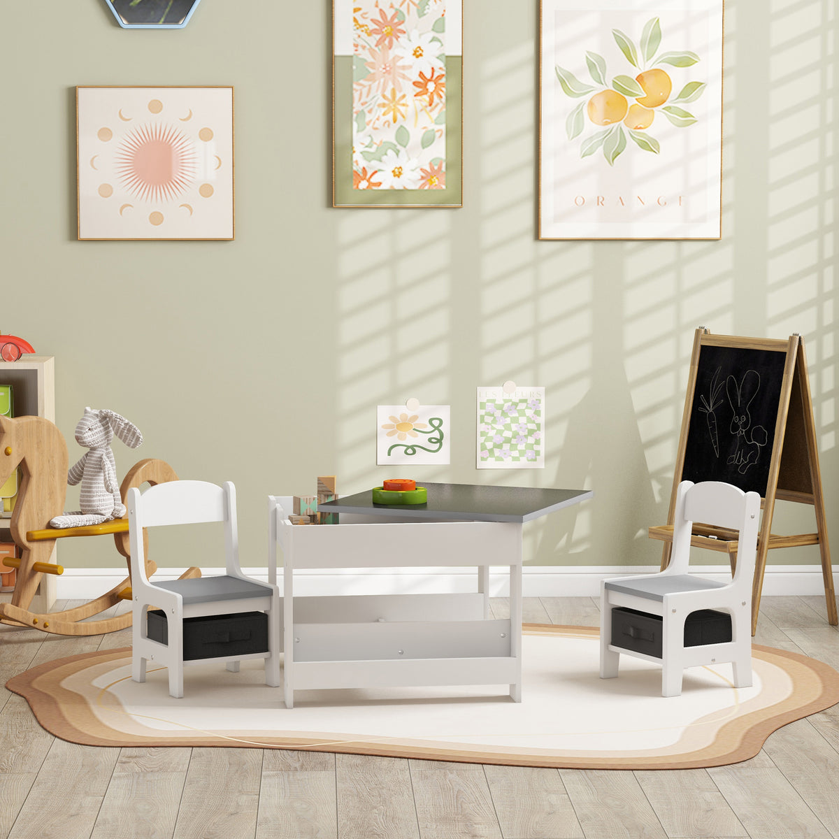 Ensemble 3 pièces table et 2 chaises pour enfant avec plateau réversible tableau noir, panier de rangement, étagères
