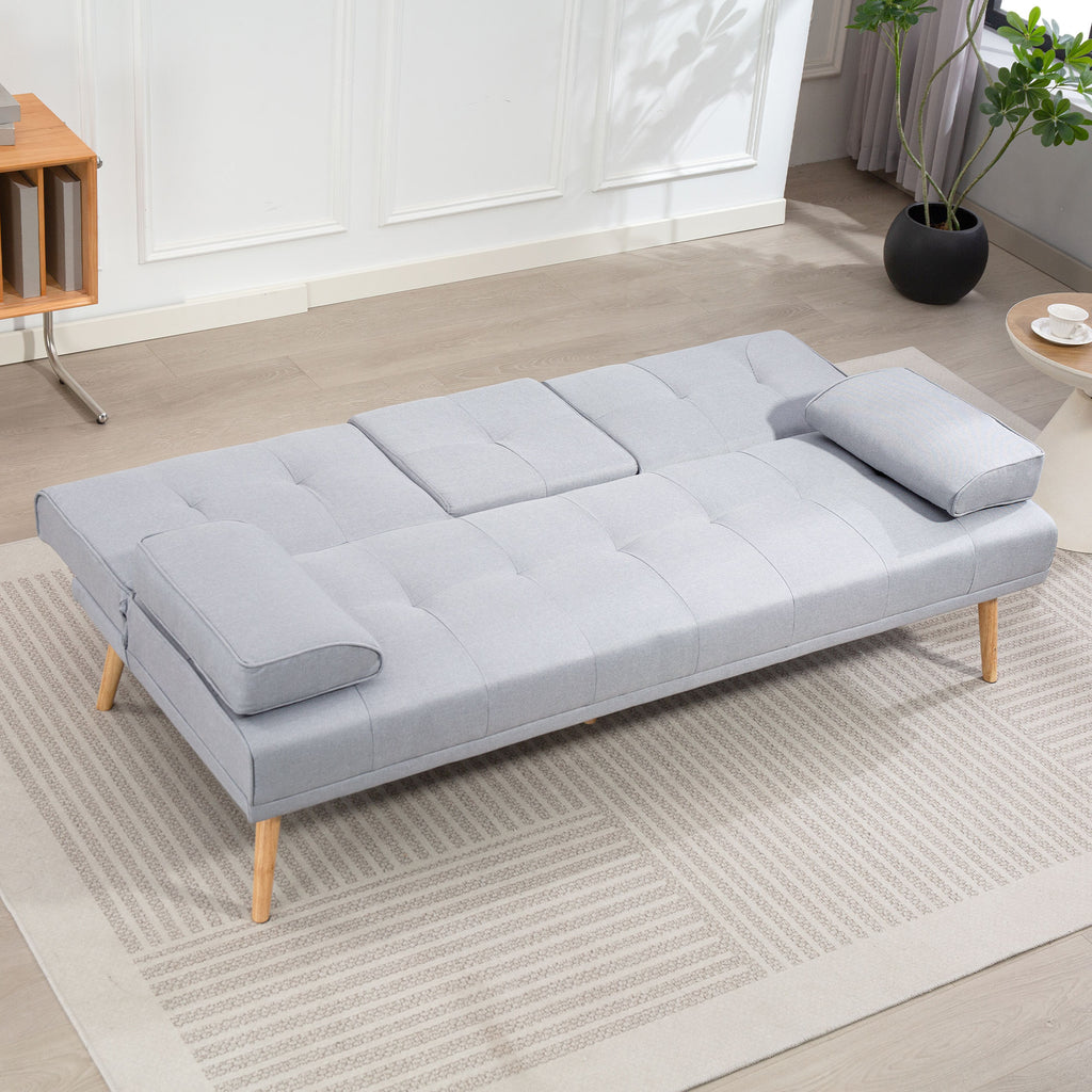Canapé convertible 3 places, canapé-lit rembourré avec dossier réglable 3 niveaux, 2 coussins et 2 porte-gobelets intégrés, tissu de lin, pour salon, chambre d'amis, petit espace, gris clair