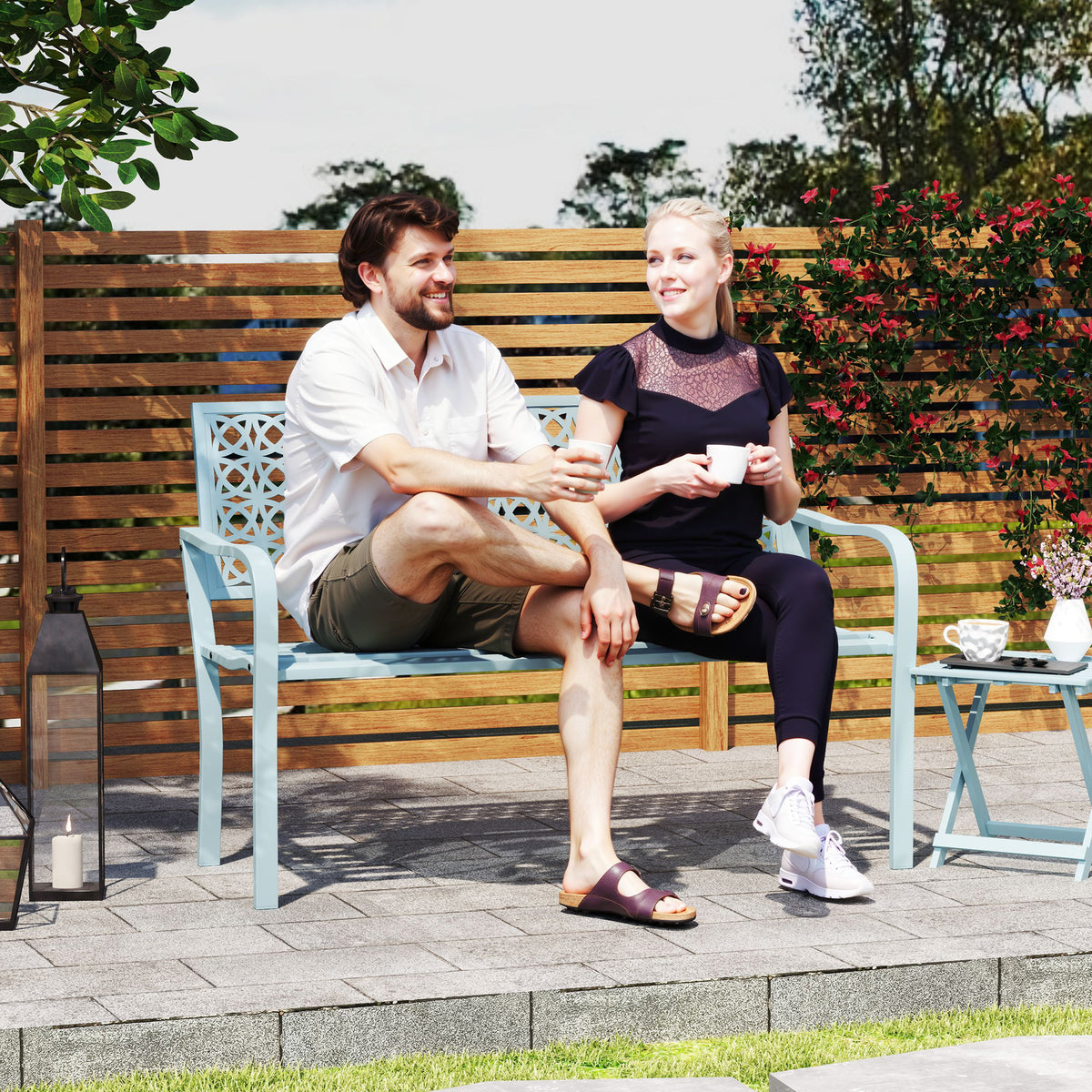 Banc de jardin 2 places, banc extérieur jardin en acier avec dossier ajouré, 127 x 63 x 85 cm, bleu
