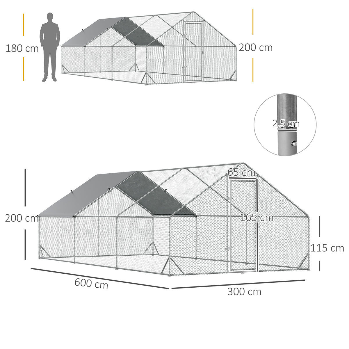 Enclos poulailler chenil volière extérieur 18 m² - Parc grillagé dim. 6L x 3l x 2H m Acier galvanisé
