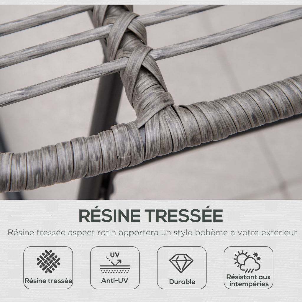 Fauteuil chaise de jardin avec repose-pieds en métal époxy et résine tressée aspect rotin avec coussins