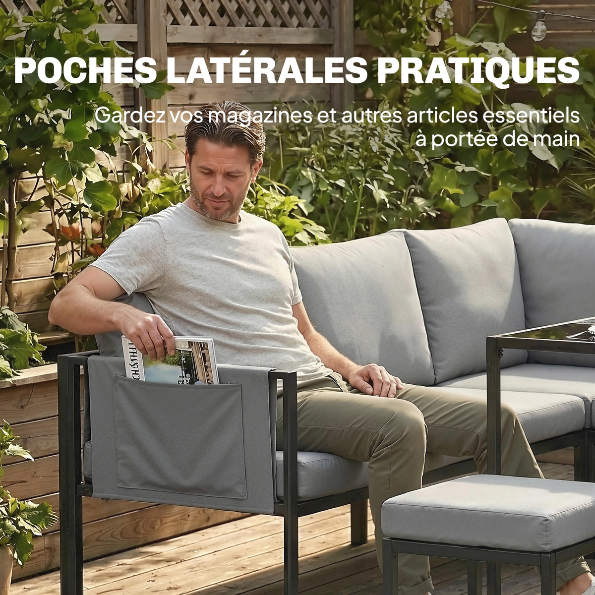 Salon de Jardin Canapé d'Angle Extérieur 6 Pièces Coussins 10cm Table Haute et 2 Repose-pieds Gris