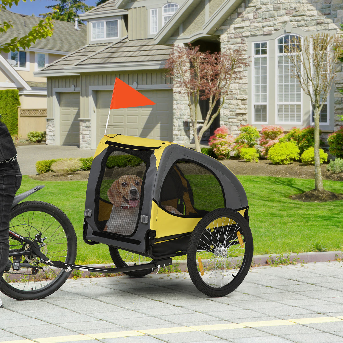 Remorque de vélo pour chien avec fenêtres en maille réflecteurs et drapeau de sécurité 140 x 71 x 83 cm jaune