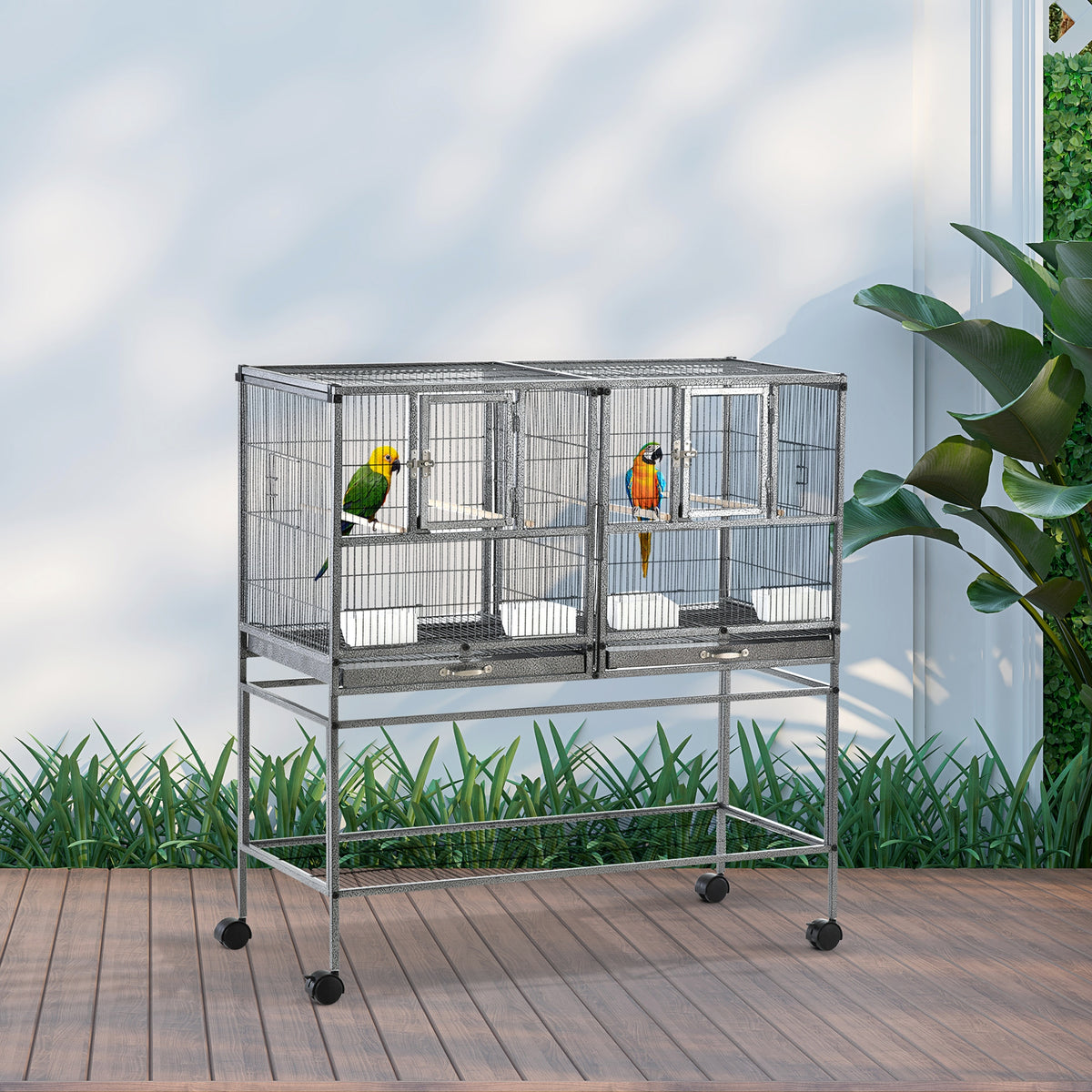 Cage à Oiseaux Volière Oiseaux Intérieur avec Séparation Mangeoire et Perchoir 95L x 45,5l x 102H cm Noir et Gris