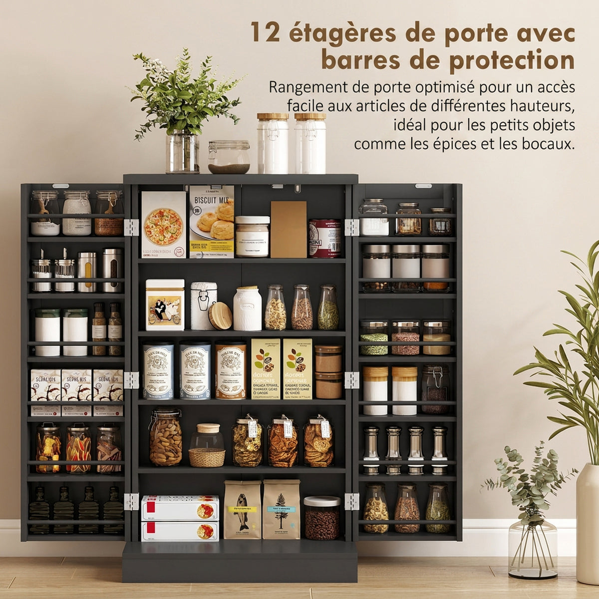 Armoire de Cuisine, Buffet Cuisine, avec 2 Portes, 12 Porte-Racks, 5 Compartiments et Étagères Réglables, Noir