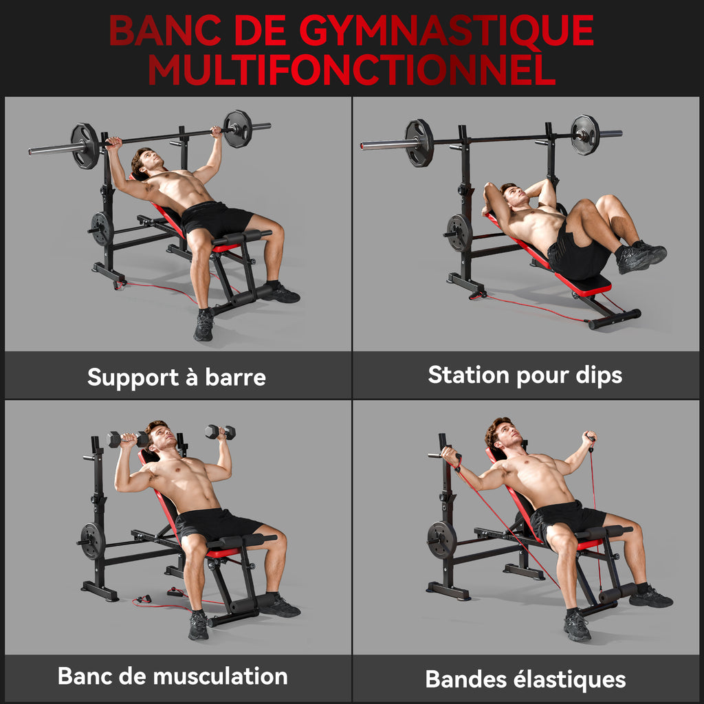 Banc de musculation complet multifonction avec dossier réglable, repose-jambes et support de poids 147x109x122cm noir