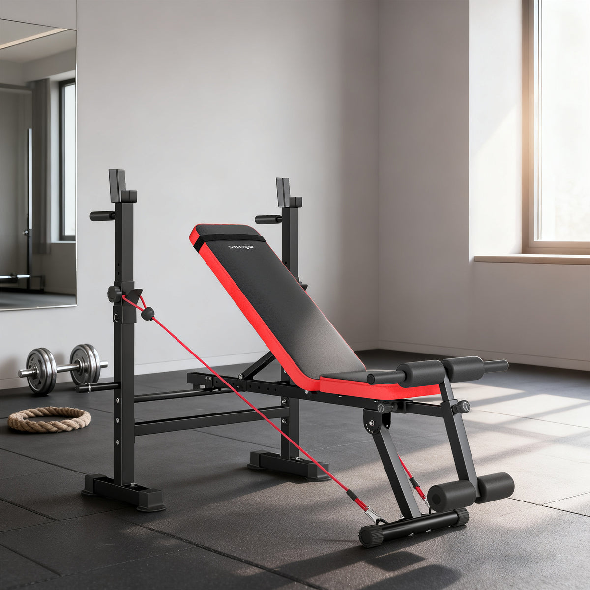 Banc de musculation complet multifonction avec dossier réglable, repose-jambes et support de poids 147x109x122cm noir