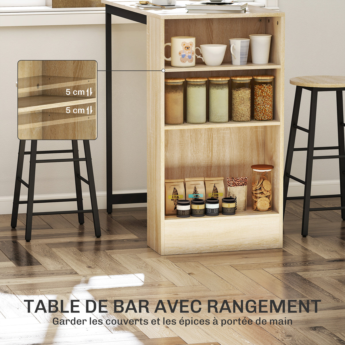 Ensemble table de bar avec tabourets, compartiments ouverts, étagère réglable et repose-pieds, chêne et noir