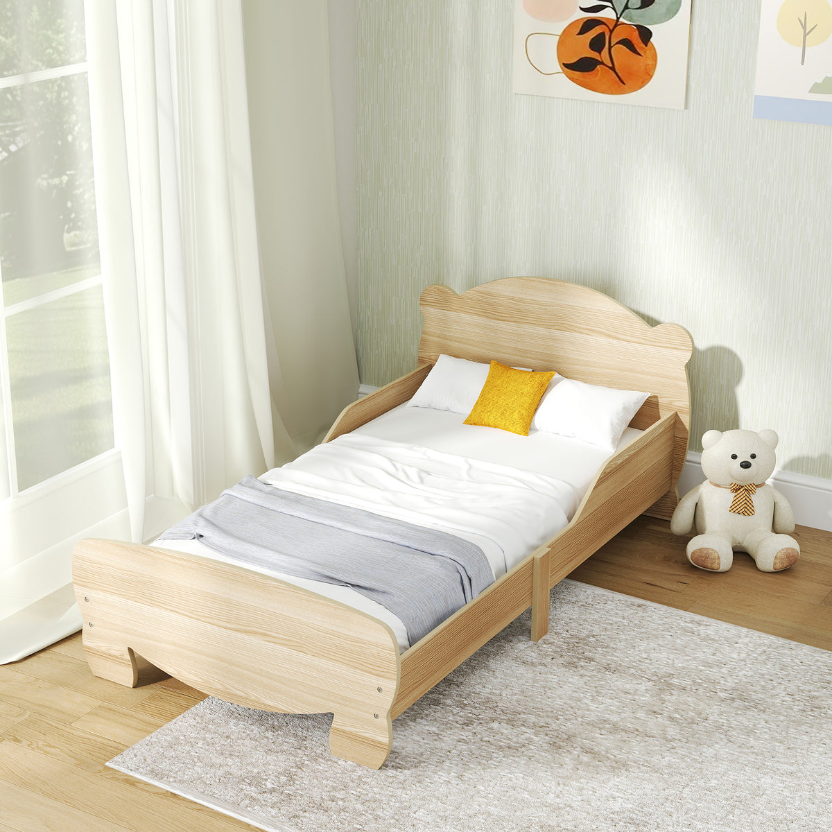 Lit enfant 70x140 cm avec barrières de sécurité thème d'ours pour garçons, filles, âgés de 3 à 6 ans, bois naturel