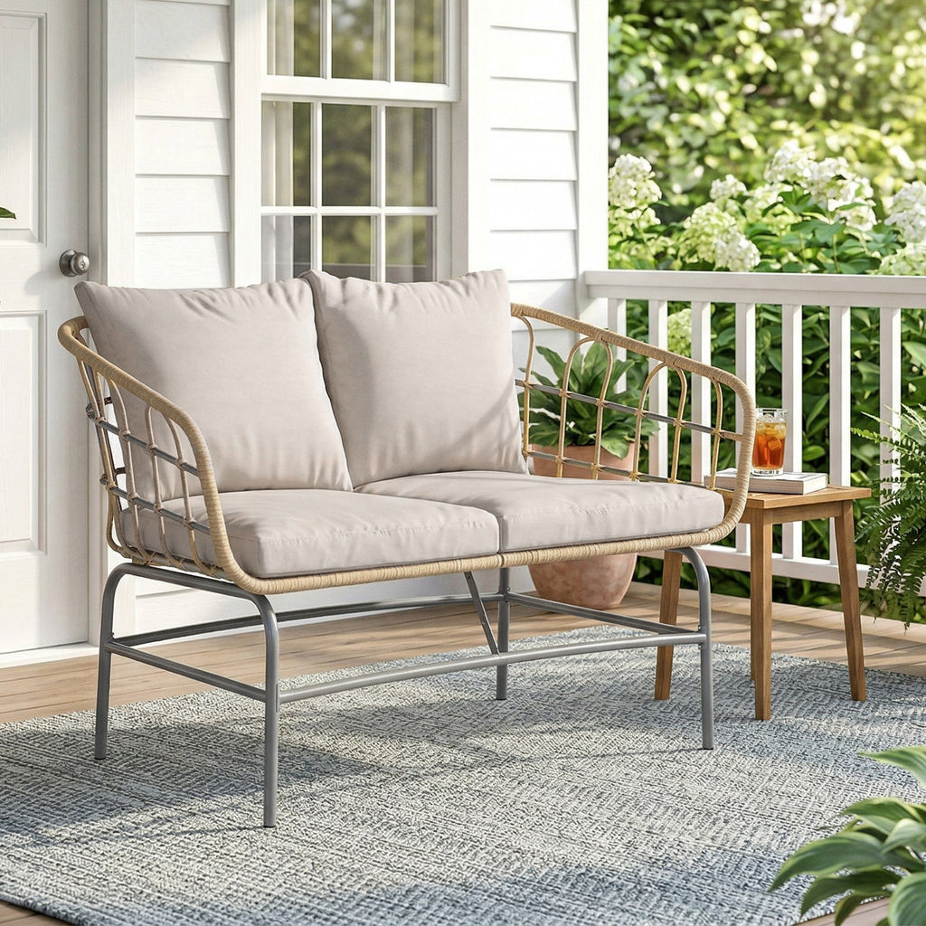 Canapé de Jardin 2 Places en Résine Tressée Coussins Épais Anti-glisse 120 x 67 x 79 cm Marron