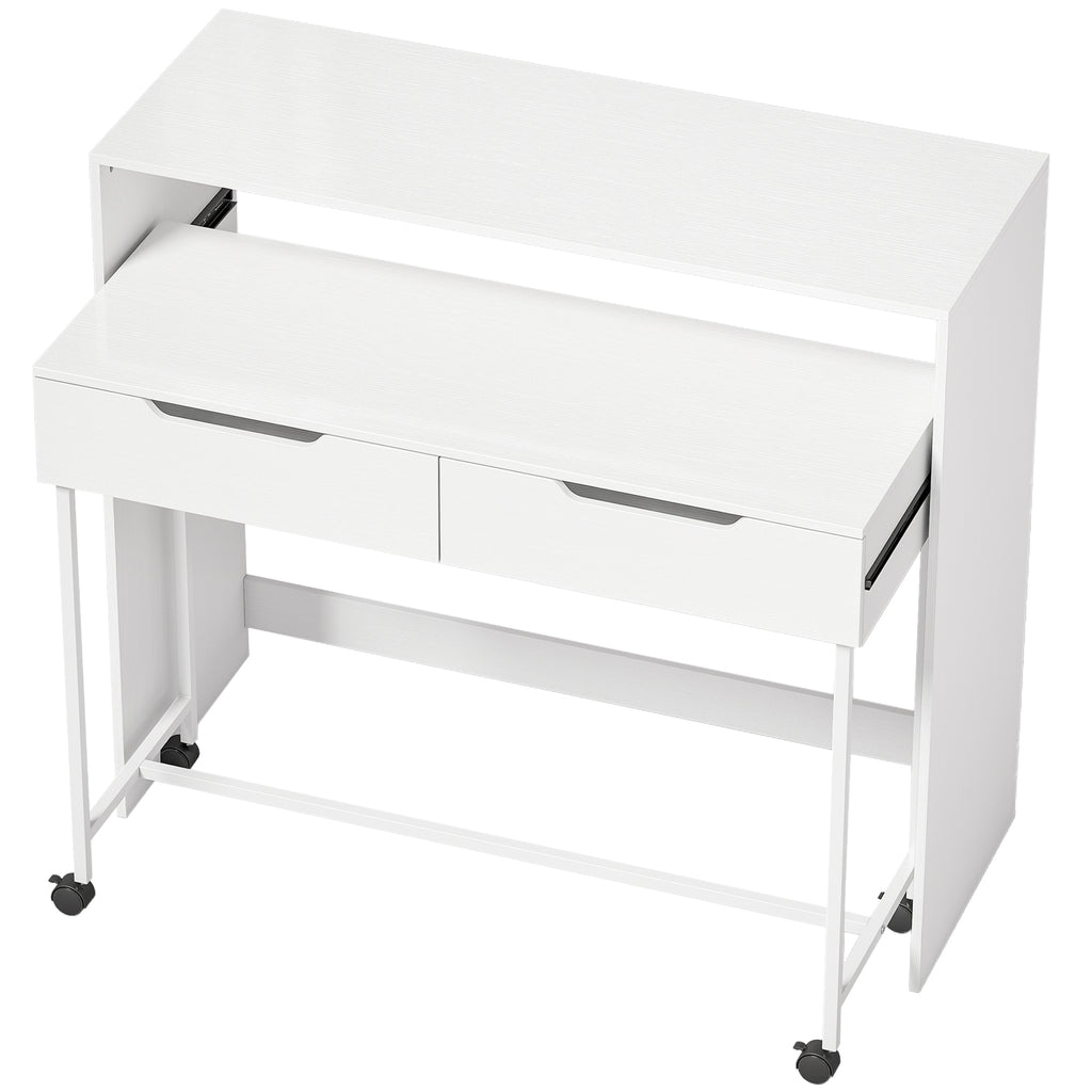 Bureau d'Ordinateur Extensible 100 cm avec 2 Tiroirs, Bureau avec Rangement, Style Moderne, Blanc
