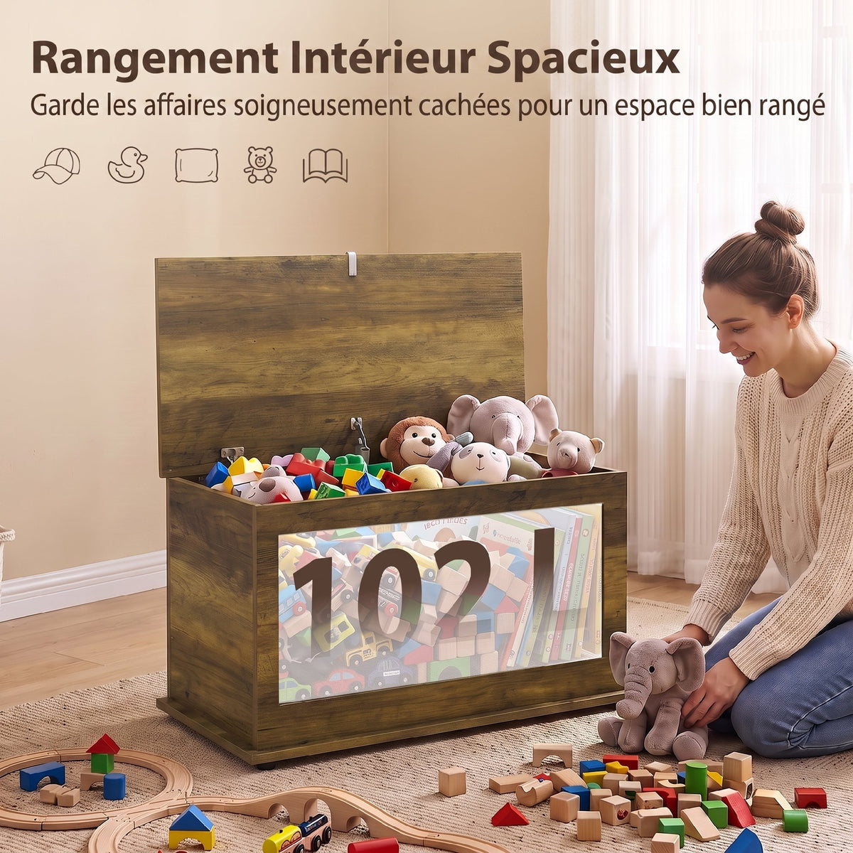Coffre de Rangement, Banc de Rangement avec Couvercle Rabattable et Charnières de Sécurité, 80 x 40 x 45 cm, Marron