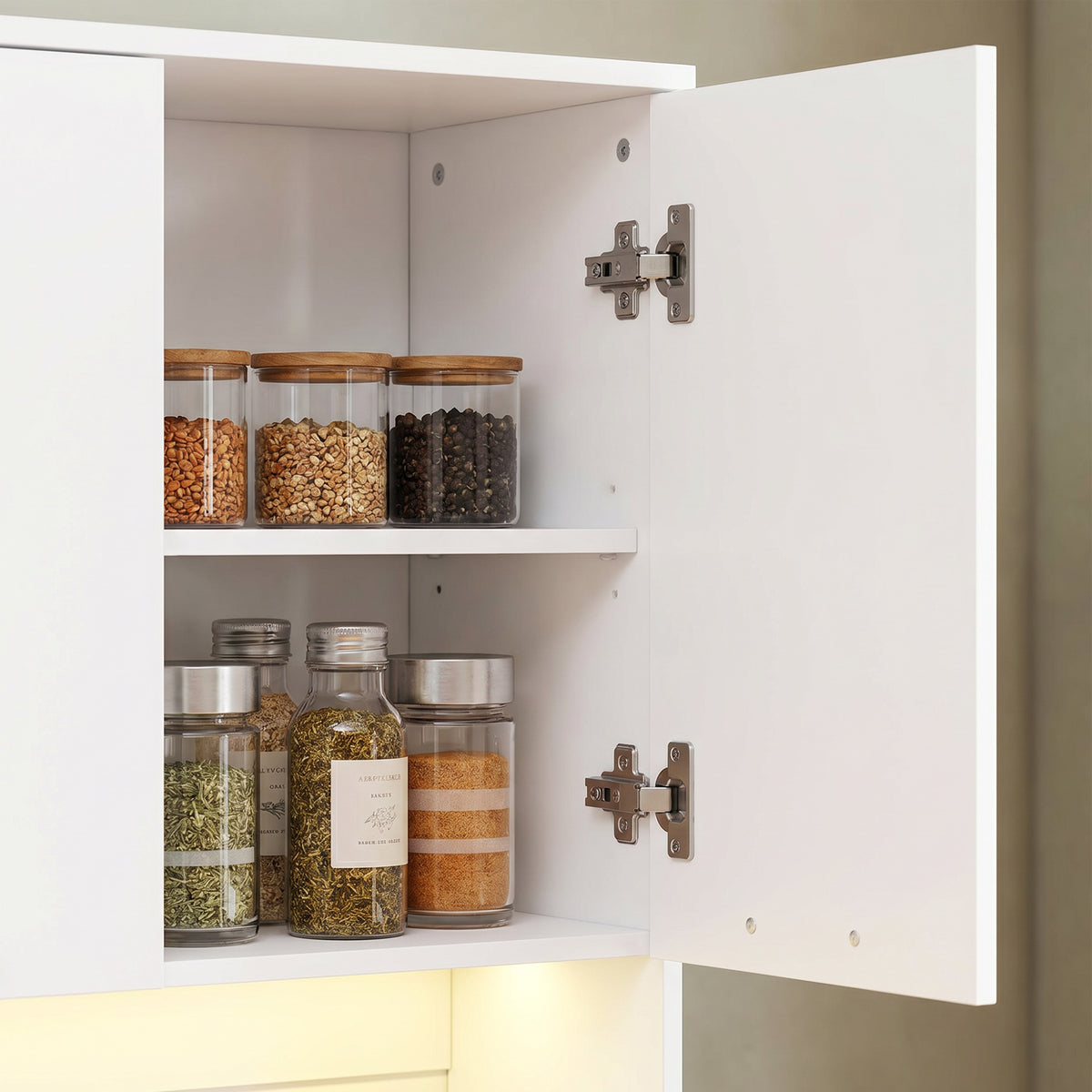 Buffet haut cuisine avec LED et station de charge, armoire de cuisine avec 4 portes, tiroir et plan de travail, blanc
