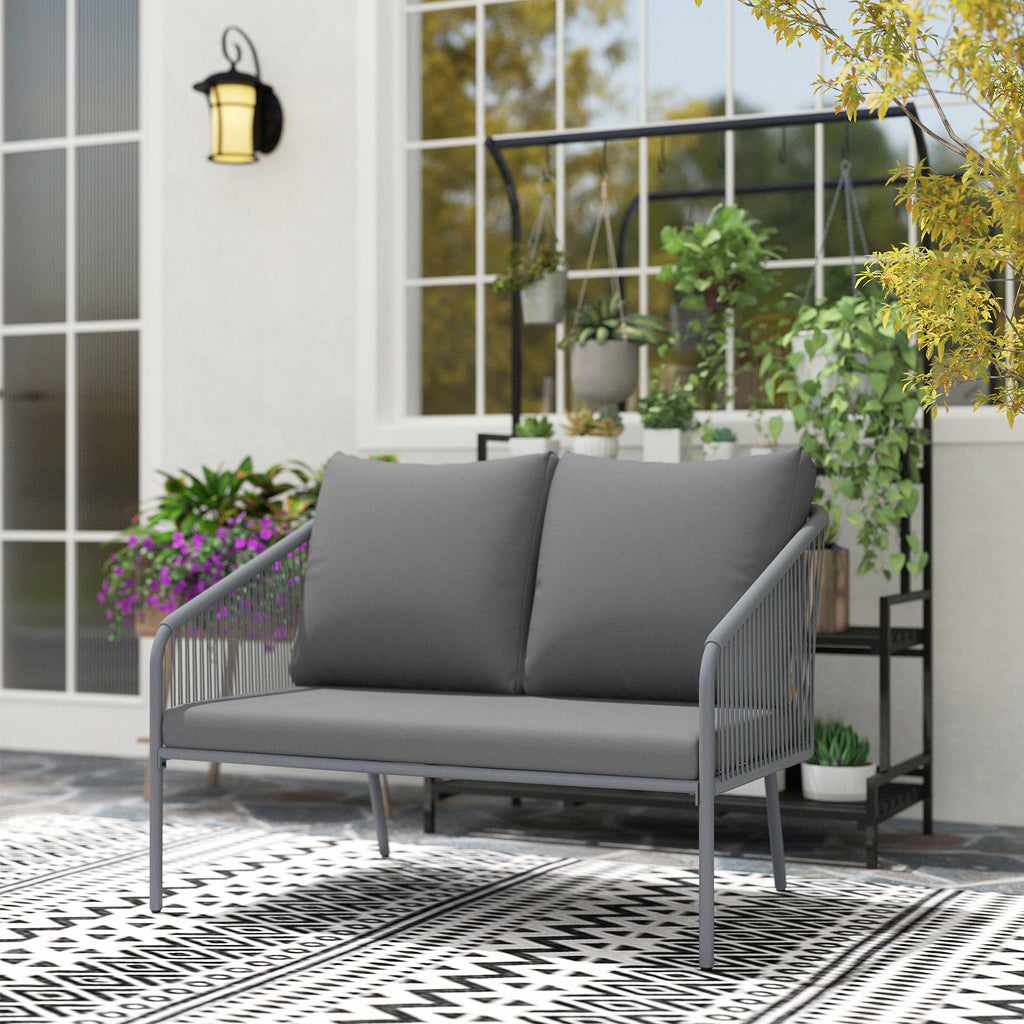 Canapé de jardin 2 places en résine tressée avec coussins canapé d'extérieur accoudoirs cadre en acier 112x72x76cm gris