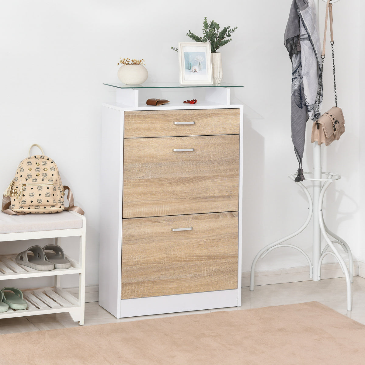 Armoire à Chaussures Meuble rangement Chaussures 2 Portes abattantes 2 Compartiments, tiroir, Plateau en Verre - Bois chêne Blanc