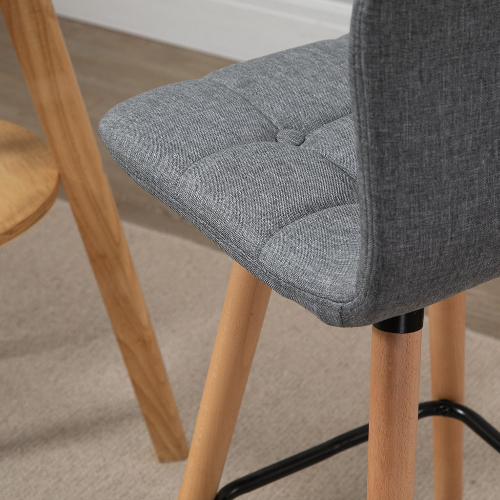 Lot de 2 tabourets de bar, chaises de bar capitonnées avec dossier et repose-pieds, pieds en bois, 41,5x47x97,5cm, gris