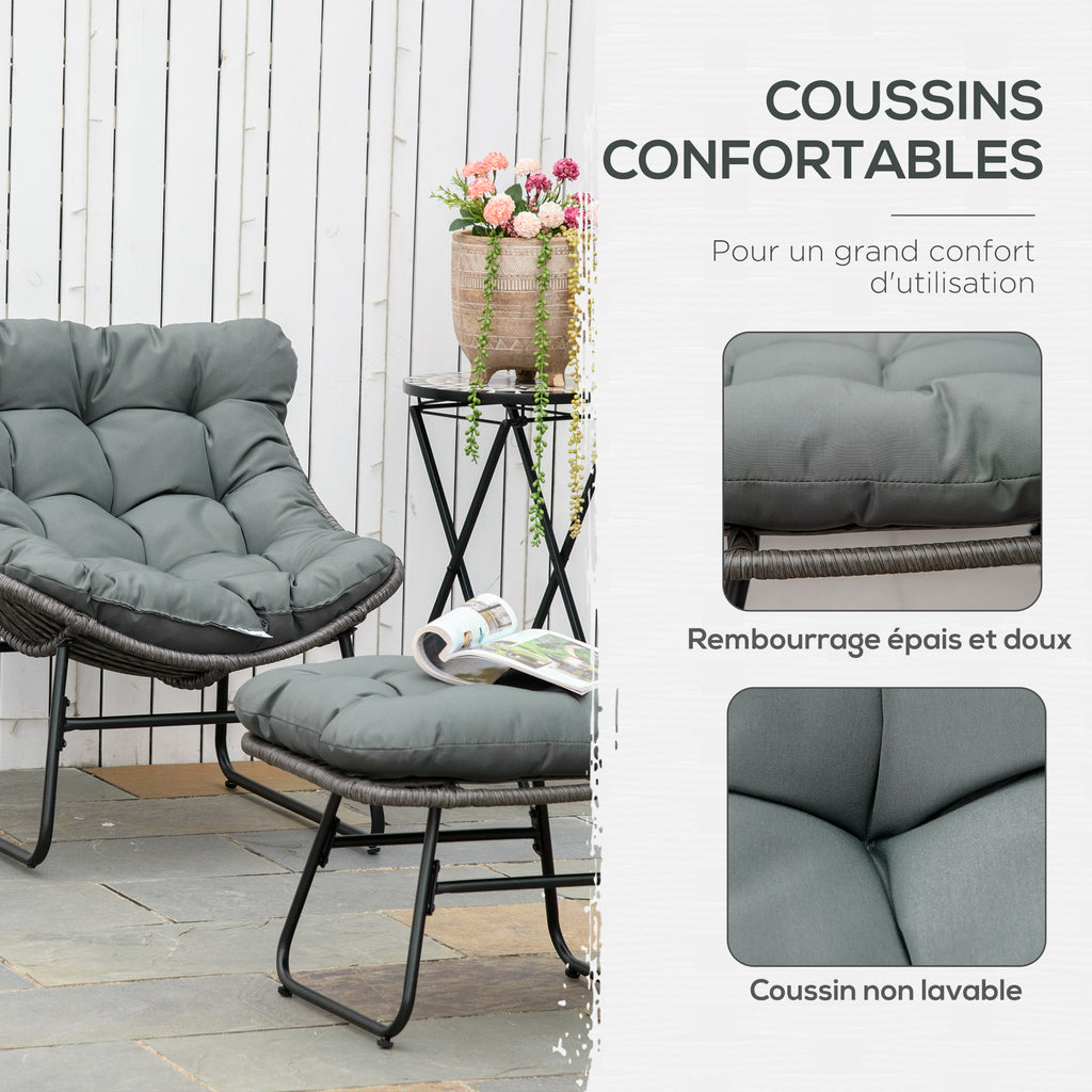 Fauteuil chaise de jardin avec repose-pieds en métal époxy et résine tressée aspect rotin avec coussins