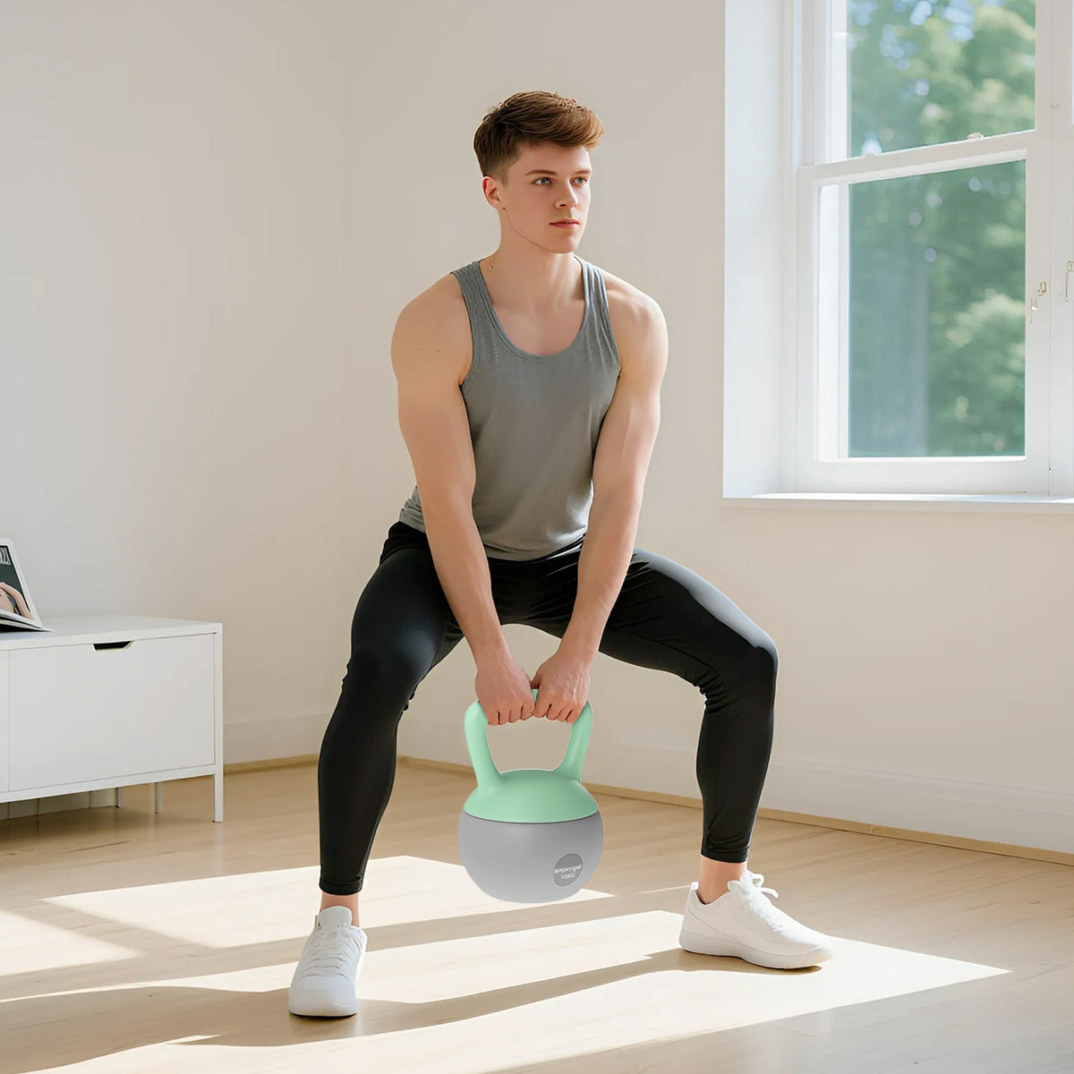 Kettlebell 10kg Haltère avec Poignée Antidérapante pour Fitness Musculation Cardio, Gris et Vert
